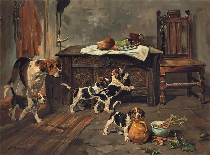 约翰·艾姆斯（John Emms，英国画家）高清作品-《猎犬和小狗在室内》