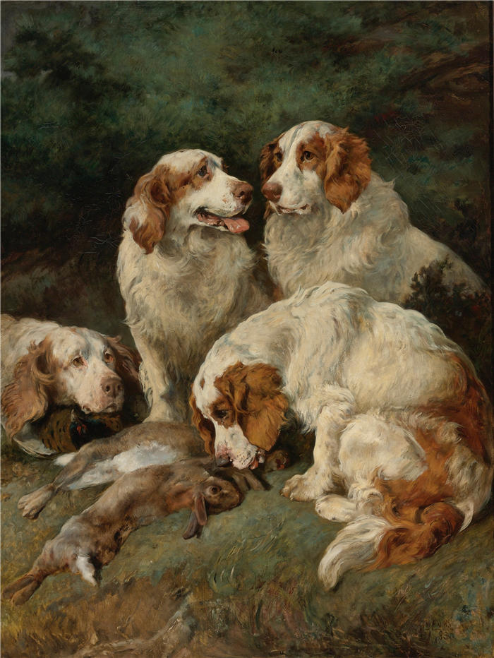 约翰·艾姆斯（John Emms，英国画家）高清作品-《带当天包的克伦伯猎犬 (1883)》
