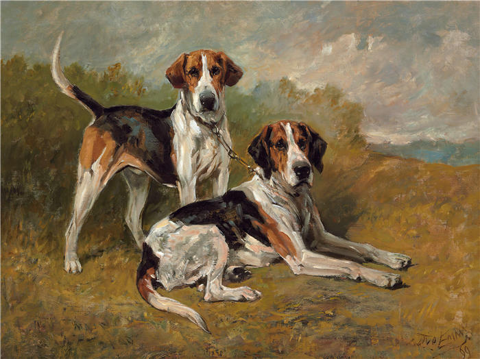 约翰·艾姆斯（John Emms，英国画家）高清作品-《两只猎犬休息（1899）》