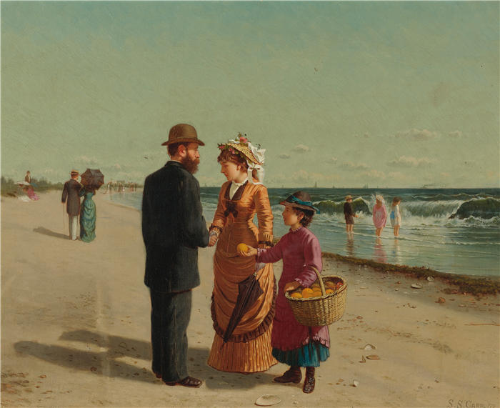 塞缪尔·S·卡尔（Samuel S. Carr，美国画家）高清作品-《在海边卖橘子（1877）》