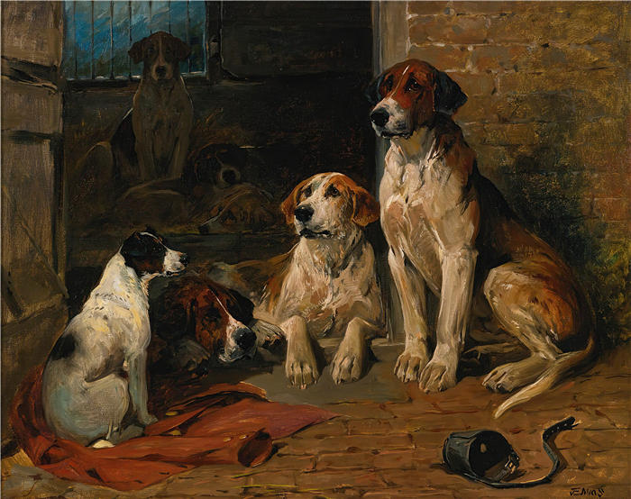约翰·艾姆斯（John Emms，英国画家）高清作品-《狗窝里的猎犬》