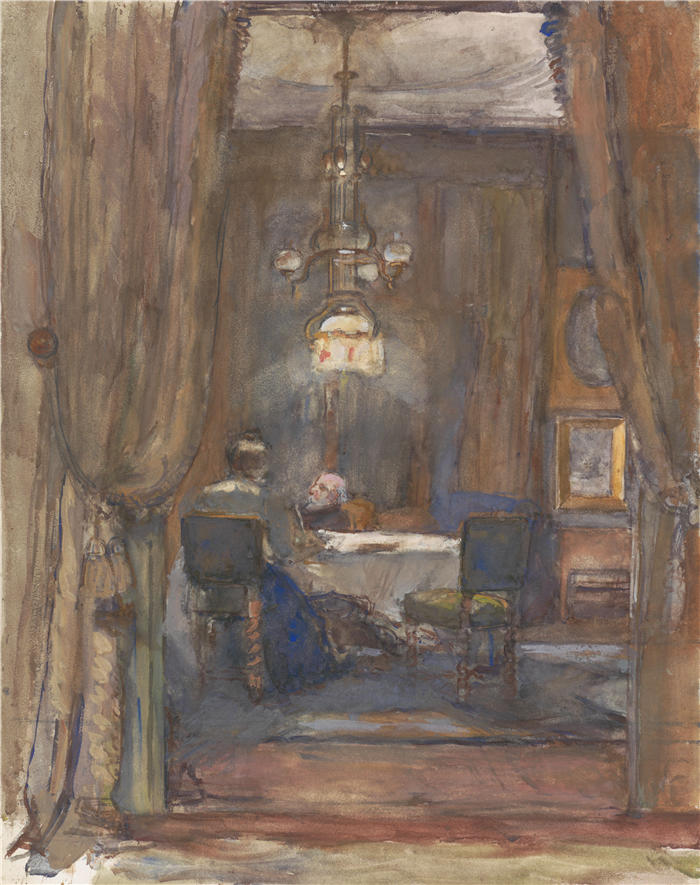 芭芭拉·伊丽莎白·范豪顿（Barbara Elisabeth van Houten，荷兰画家）作品-《海牙Riouwstraat的客厅，夜晚（1872-1950）》
