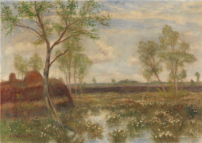 奥托·莫德森（Otto Modersohn，德国画家）高清作品-《菲舍尔胡德附近的景观（沼地上的春天）（1941年）》