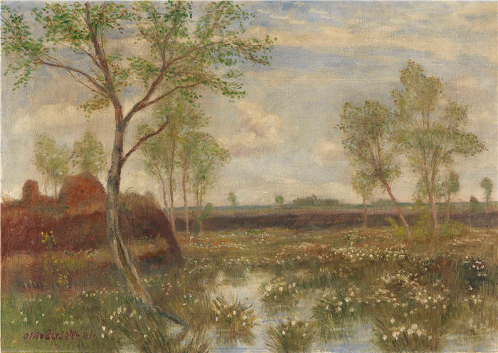 奥托·莫德森(Otto Modersohn,德国画家)高清作品-《菲舍尔胡德附近的景观(沼地上的春天)(1941年)》