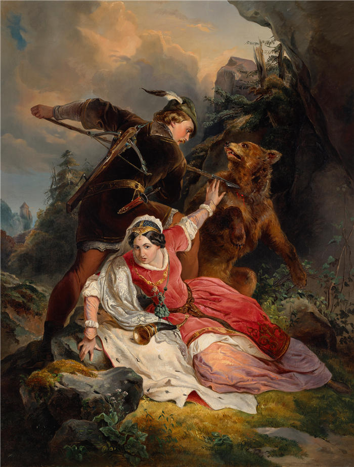 弗朗茨·多比亚绍夫斯基（Franz Dobiaschofsky，奥地利画家）作品-《厄恩斯特公爵从马索维亚营救西姆伯吉斯（1850年）》
