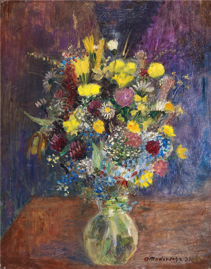 奥托·莫德森（Otto Modersohn，德国画家）高清作品-《蓝色地面前的花朵（1933）》