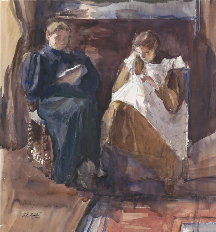 芭芭拉·伊丽莎白·范豪顿（Barbara Elisabeth van Houten，荷兰画家）作品-《阅读女士和刺绣女孩（1872 -1950） 》