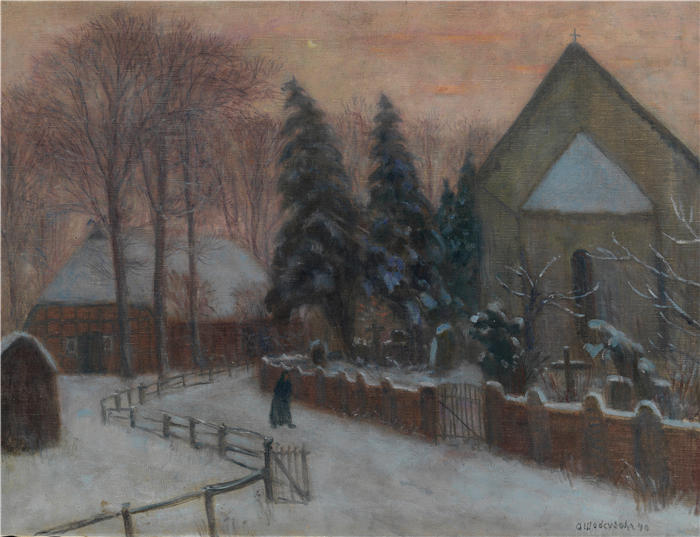 奥托·莫德森（Otto Modersohn，德国画家）高清作品-《冬夜，菲舍尔哈德教堂（1940年）》