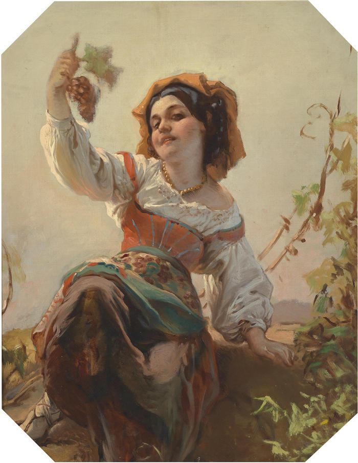 弗朗茨·多比亚绍夫斯基（Franz Dobiaschofsky，奥地利画家）作品-《带葡萄的意大利女孩》