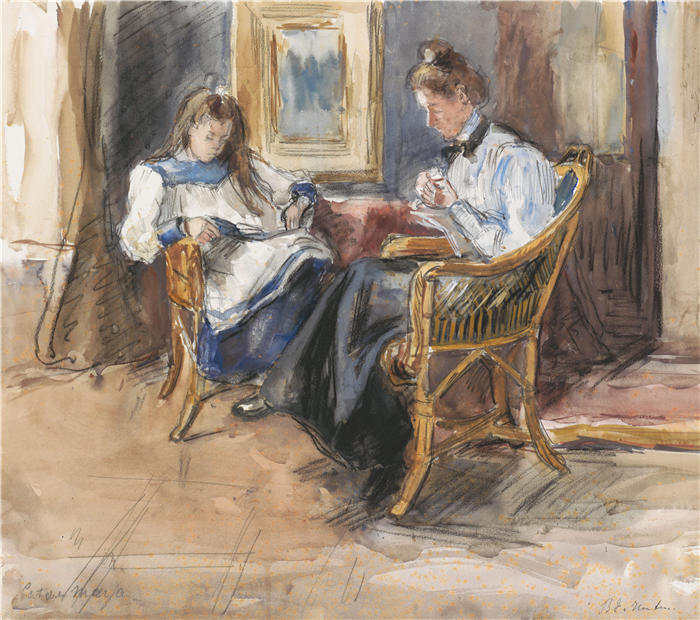 芭芭拉·伊丽莎白·范豪顿（Barbara Elisabeth van Houten，荷兰画家）作品-《坐在柳条椅上的手工艺女士和读书女孩（1872 h1950） 》