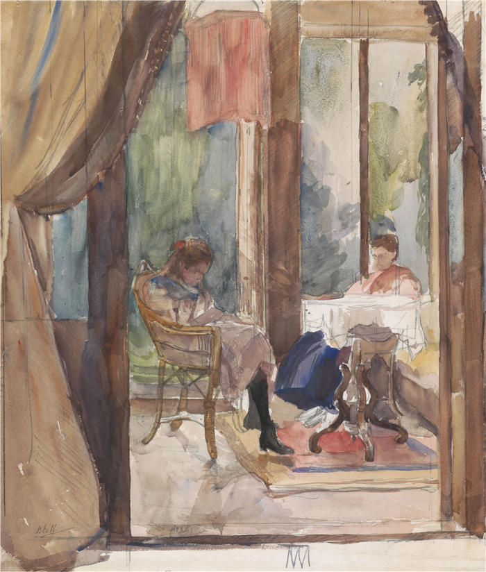 芭芭拉·伊丽莎白·范豪顿（Barbara Elisabeth van Houten，荷兰画家）作品-《一位女士和一位小女孩在住宅读书（1872-1950） 》