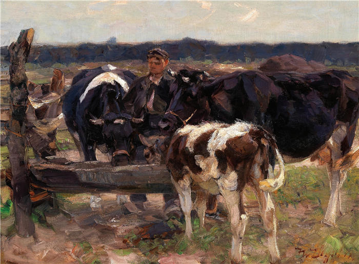 海因里希·约翰·冯·祖格尔 (Heinrich Johann von Zügel,德国画家) 高清作品-《牧羊人和奶牛在浇水处附近》