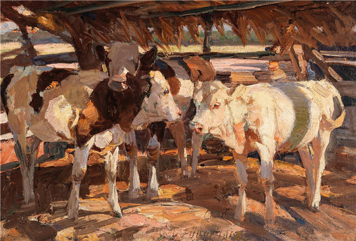 海因里希·约翰·冯·祖格尔 (Heinrich Johann von Zügel,德国画家) 高清作品-《喂食召唤中的三头小牛(1912年)》