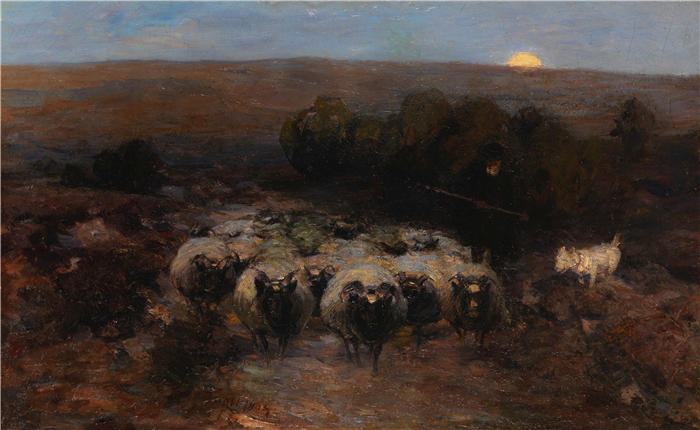 海因里希·约翰·冯·祖格尔 (Heinrich Johann von Zügel,德国画家) 高清作品-《月出时的 Heidschnucke 归国牧群(1905 年)》