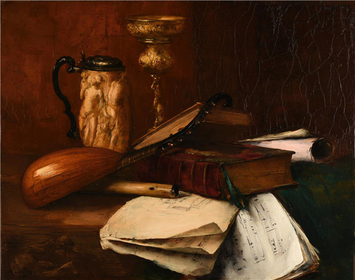 安托万·沃隆（Antoine Vollon，法国画家）高清作品-《圣杯、录像带、礼拜书和音乐笔记本（1887年）》