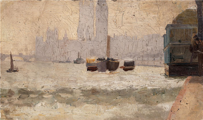 汤姆·罗伯茨（Tom Roberts，澳大利亚画家）高清作品-《雾，泰晤士河堤岸 (1884)》