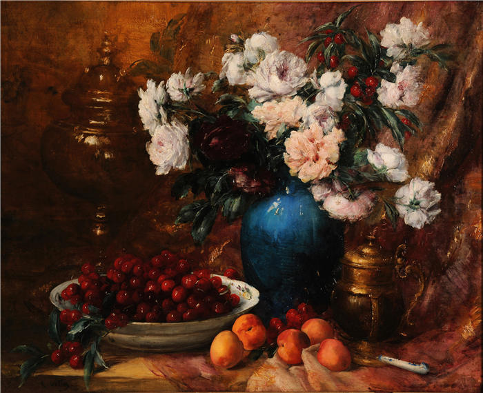 安托万·沃隆（Antoine Vollon，法国画家）高清作品-《花瓶、鲜花和水果（1890 年之前）》