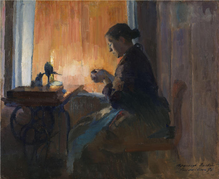 哈丽特·贝克尔（Harriet Backer，挪威画家）高清作品-《由灯灯（1890）》