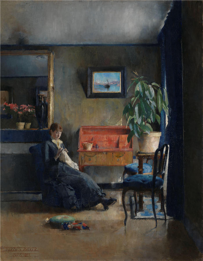 哈丽特·贝克尔（Harriet Backer，挪威画家）高清作品-《蓝色内饰 (1883)》