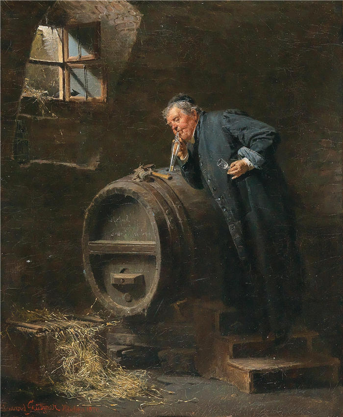 爱德华·冯·格鲁茨纳 ( Eduard von Grützner，德国画家 )高清作品-《酒窖里的和尚拿着酒虹吸管》