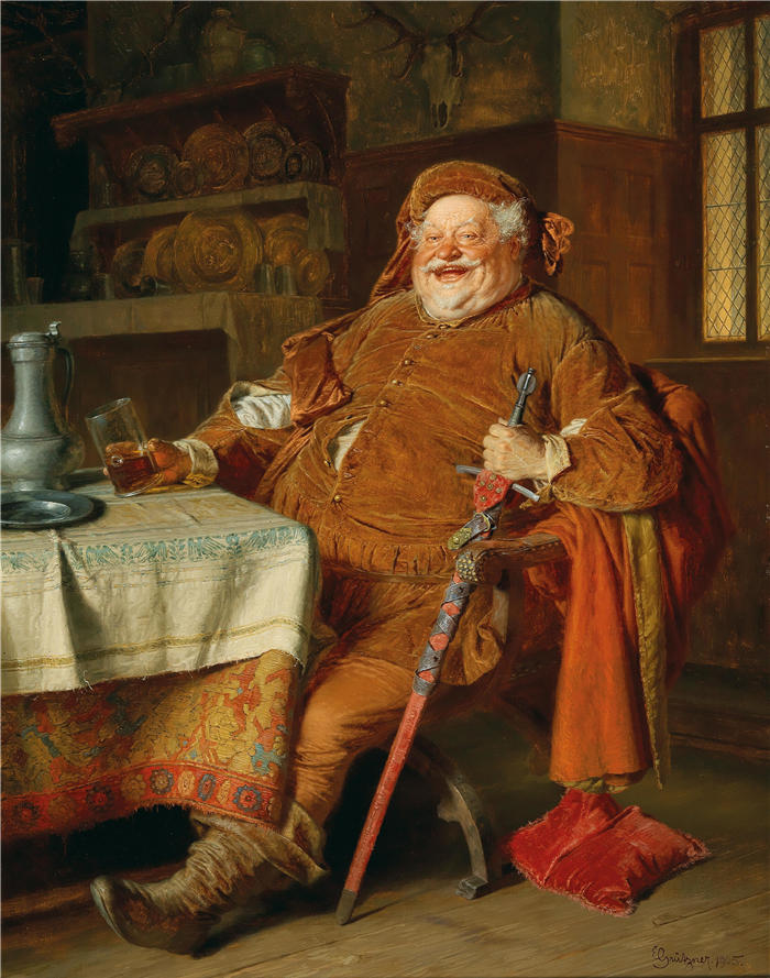 爱德华·冯·格鲁茨纳 ( Eduard von Grützner，德国画家 )高清作品-《带剑、酒壶和酒杯的福斯塔夫（1905 年）》