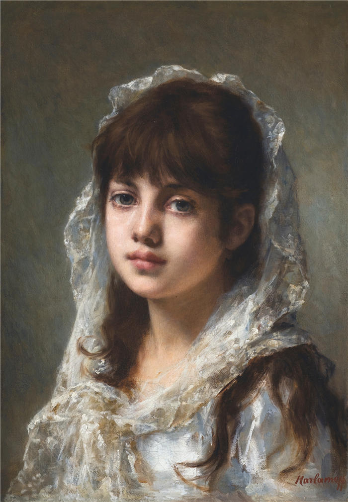阿列克谢·哈拉莫夫（Alexei Harlamoff，俄罗斯画家）-《一个戴着白色面纱的年轻女孩的肖像》