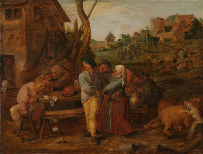 阿德里安·布劳尔(Adriaen Brouwer,荷兰画家)-高清作品-《乡村酒馆外的纸牌大战(c. 1628 - c. 1630)》