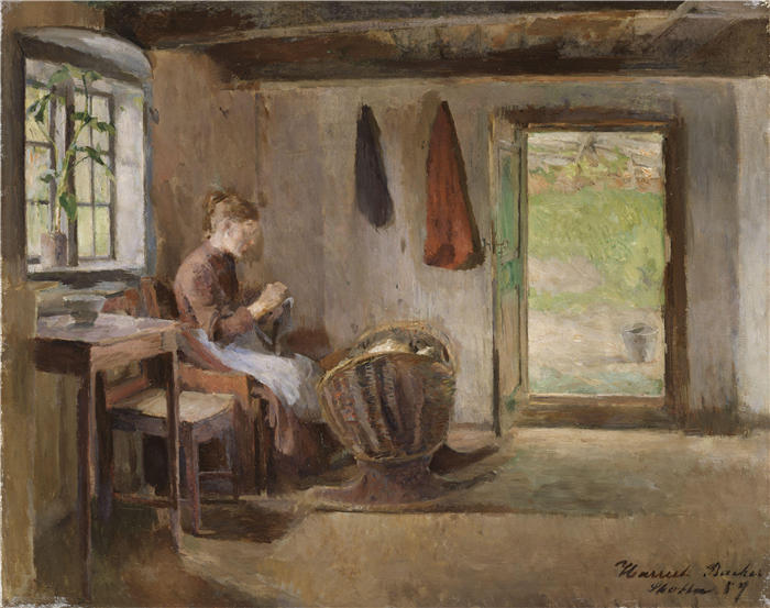 哈丽特·贝克尔（Harriet Backer，挪威画家）高清作品-《农场内部（1887 年）》