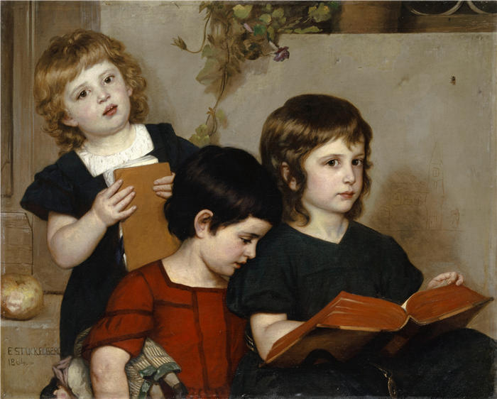 恩斯特·施蒂克伯格（Ernst Stückelberg，瑞士画家）高清作品-《儿童教堂服务（1864 年）》