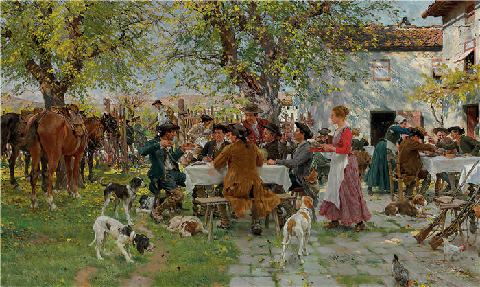 拉斐尔·索比（Raffaello Sorbi，意大利画家）高清作品-《猎人的午餐 (1922)》