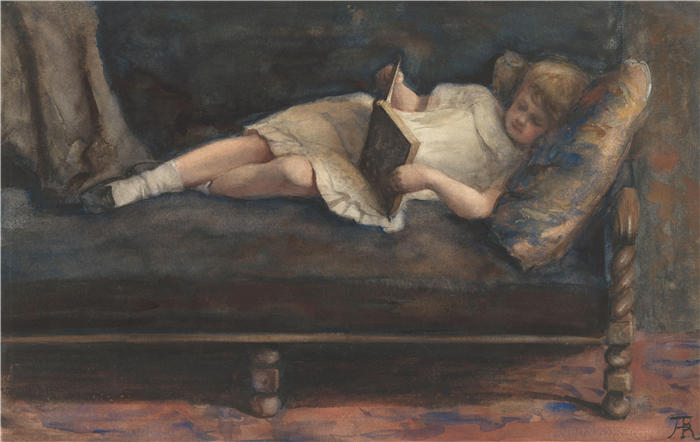 布雷明·休布雷希特（Bramine Hubrecht，荷兰画家）作品-躺在沙发上看书的女孩（1865-1913）