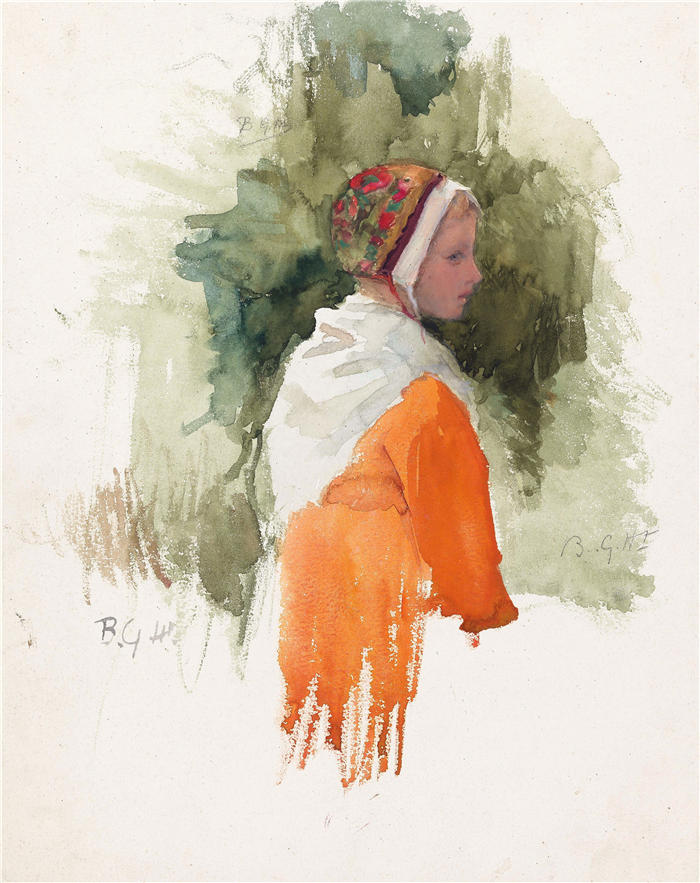 布雷明·休布雷希特（Bramine Hubrecht，荷兰画家）作品-戴帽子穿橙色连衣裙的女孩（1865-1913）