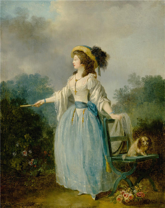 让-弗雷德里克·沙尔（Jean-Frédéric Sc​​hall，法国画家）高清作品-《一位女士和她的狗在花园里》