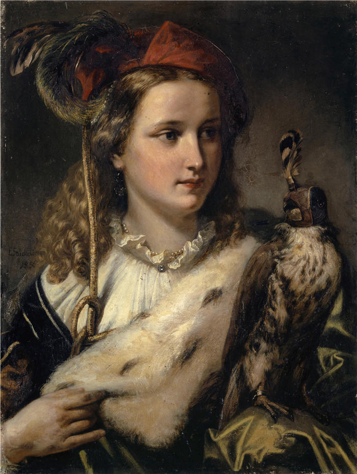 恩斯特·施蒂克伯格（Ernst Stückelberg，瑞士画家）高清作品-《年轻的诺贝尔女性与猎鹰（1856 年）》