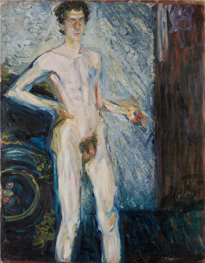 理查德·格斯特（Richard Gerstl，奥地利画家）高清作品-《带调色板的裸体自画像（1908 年）》