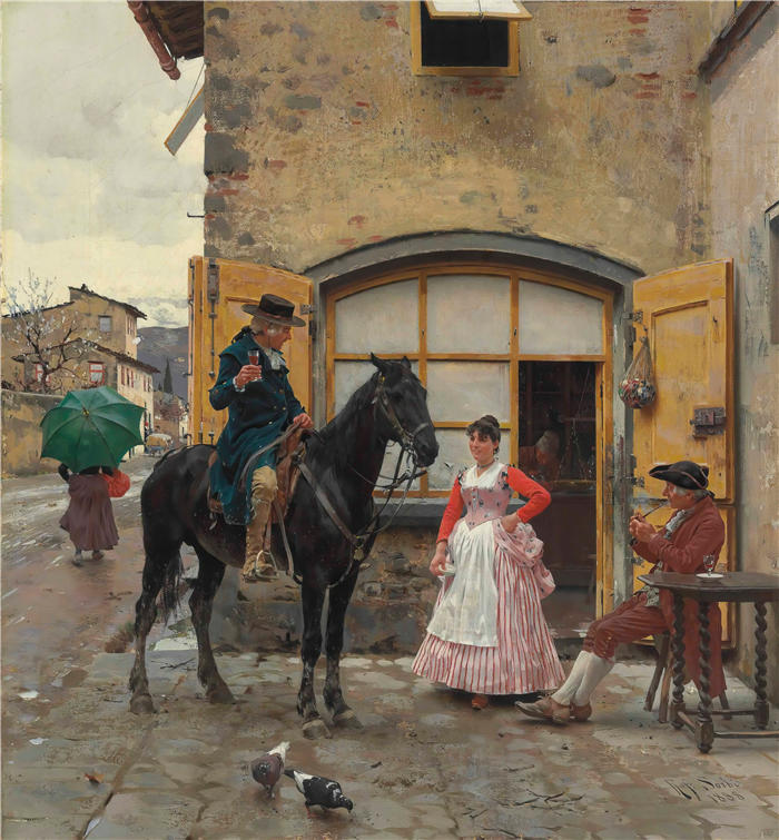 拉斐尔·索比（Raffaello Sorbi，意大利画家）高清作品-《停下来喝一杯（1888 年）》