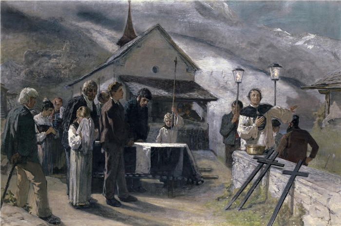 恩斯特·施蒂克伯格（Ernst Stückelberg，瑞士画家）高清作品-《乌里 Spiringen 山体滑坡后的葬礼 1887 (1893)》