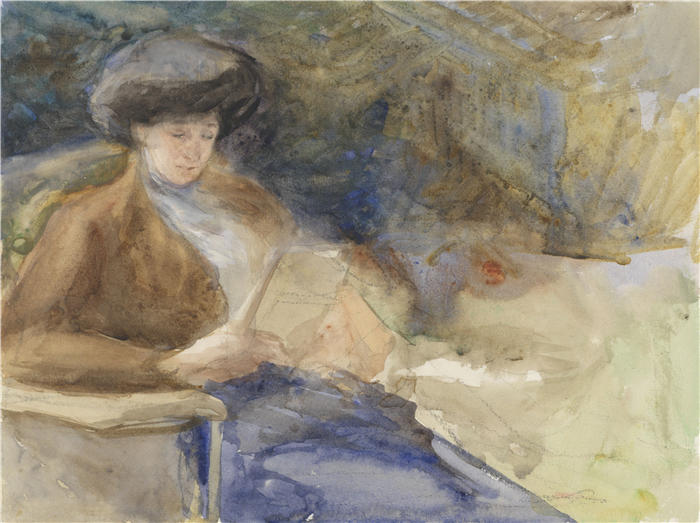 布雷明·休布雷希特（Bramine Hubrecht，荷兰画家）作品-坐着看书的女人（1865-1913）
