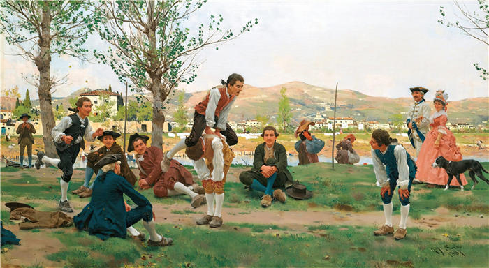 拉斐尔·索比(Raffaello Sorbi,意大利画家)高清作品-《跳蛙游戏(1887)》