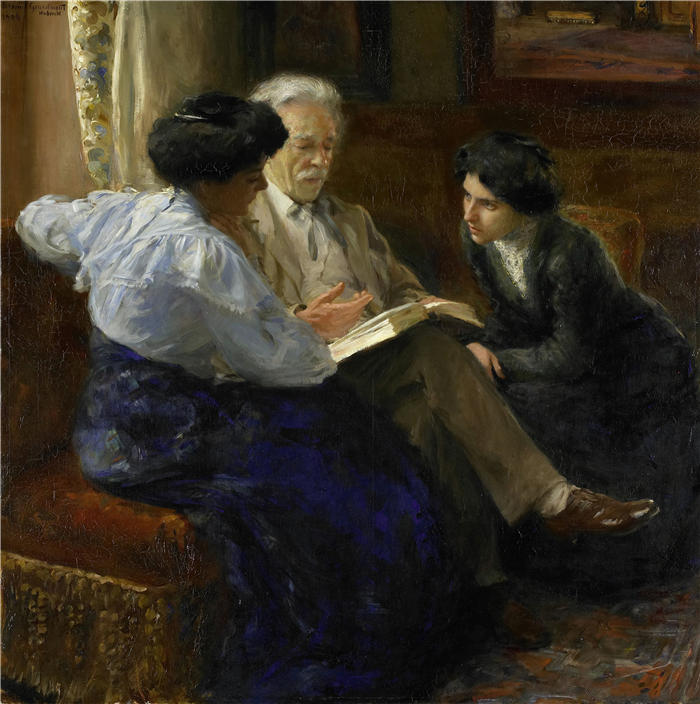 布雷明·休布雷希特（Bramine Hubrecht，荷兰画家）作品-艺术家的第二任丈夫，辅导两个意大利女孩 (1900 - 1909)