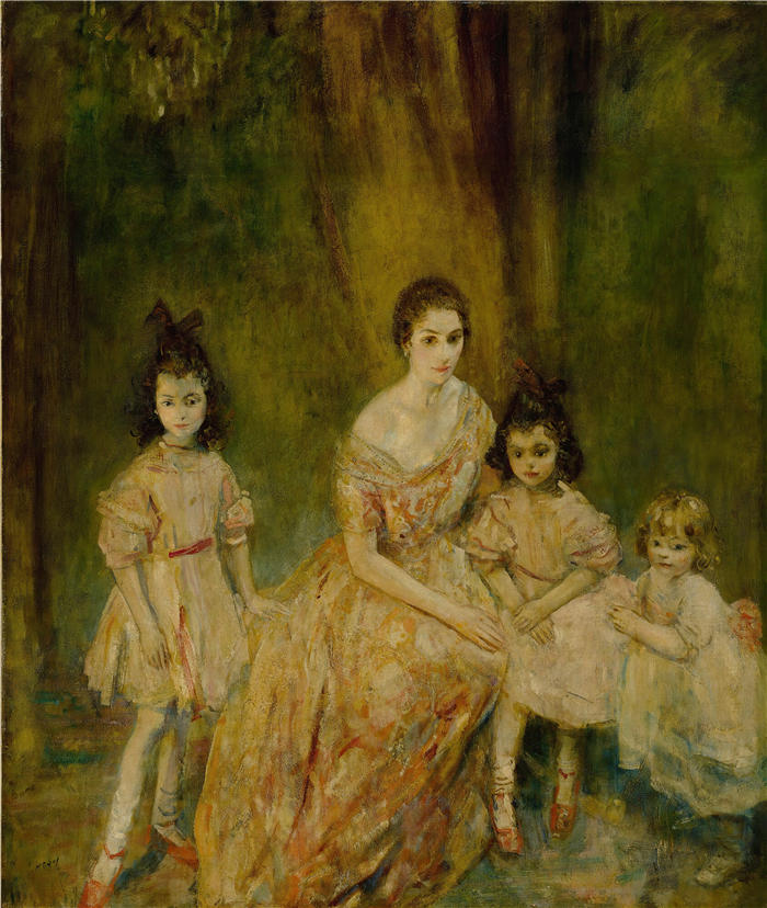 安布罗斯·麦克沃伊（Ambrose McEvoy，英国画家）作品-甘德拉斯夫人和她的孩子、玛丽-罗斯、卡门和胡安娜的肖像
