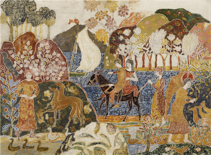 查尔斯·普伦德加斯特（Charles Prendergast，美国画家）作品-骡子上的两个人物（c. 1917–1920）