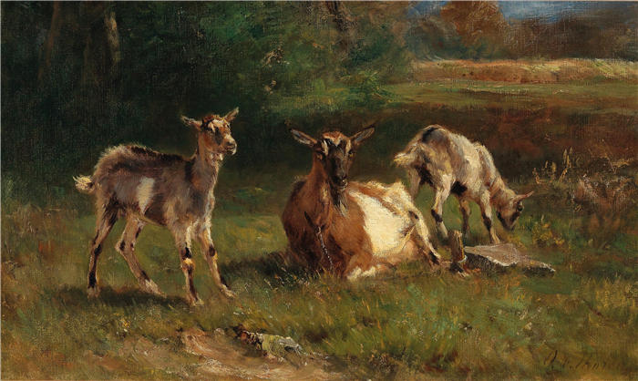 奥托·冯·索伦（Otto von Thoren，匈牙利画家）作品-《山羊和小猫》