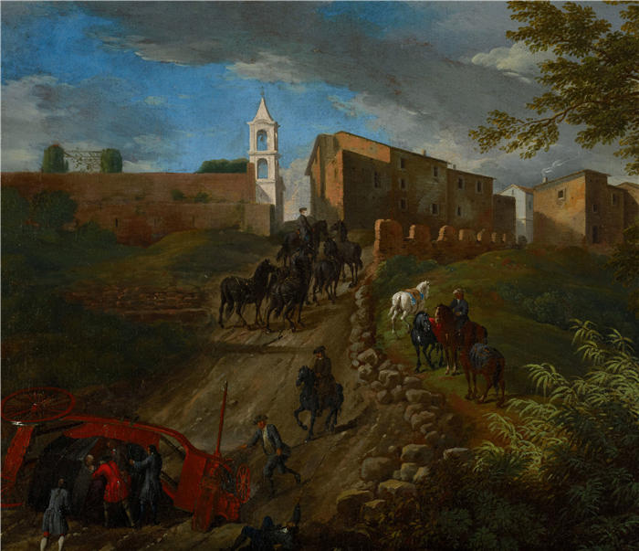 彼得·范·布洛门（Pieter van Bloemen，佛兰德画家，1657 – 1720年）作品-罗马附近 Madonna del Riposo 的教练和旅行者（17-18 世纪）