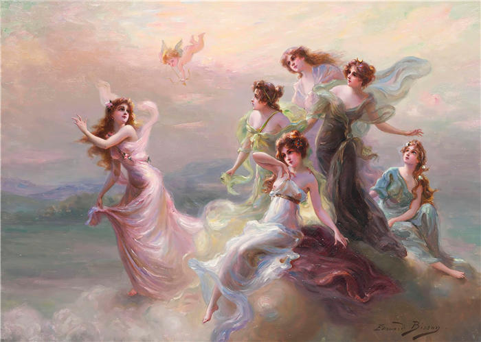 爱德华·比松（Edouard Bisson，法国画家）作品-仙女与丘比特之舞（约 1900 年）