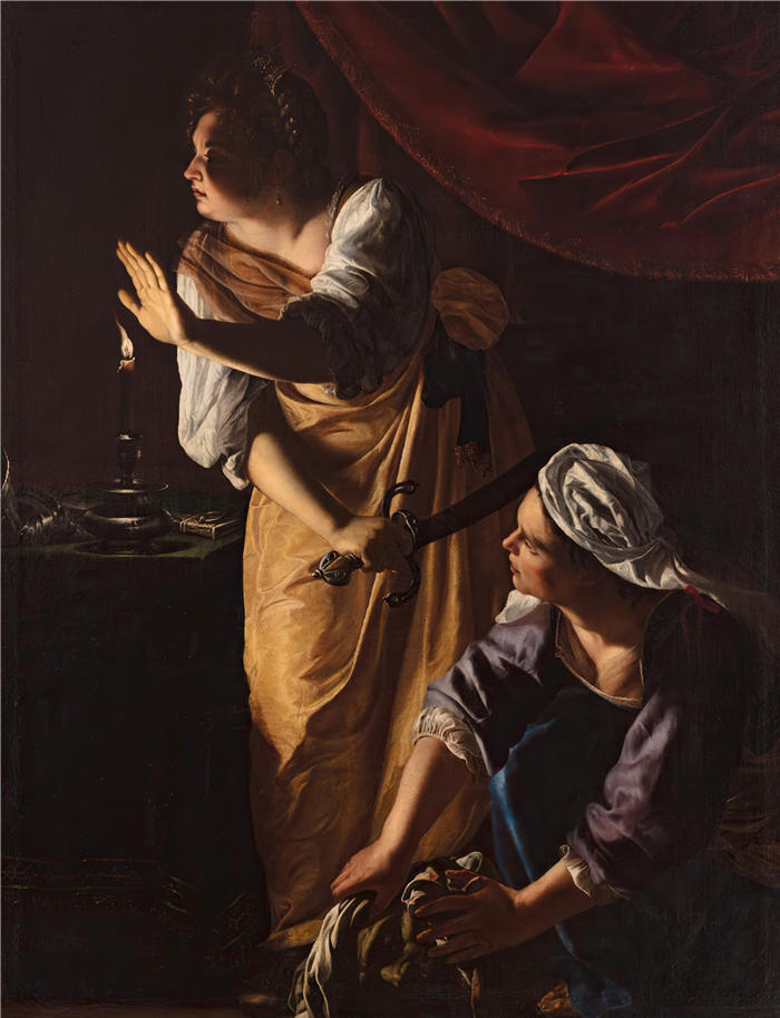 阿特米希娅·津迪勒奇(Artemisia Gentileschi, 意大利画家)高清作品-《朱迪思和她的女仆与荷罗弗尼的头颅（约 1623 年至 1625 年间）》