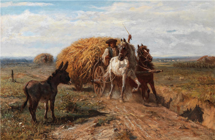 奥托·冯·索伦（Otto von Thoren，匈牙利画家）作品-《乡村公路上的驴子（1866）》
