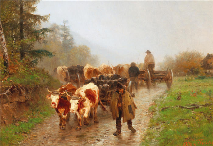 奥托·冯·索伦（Otto von Thoren，匈牙利画家）作品-《农夫与牛队》