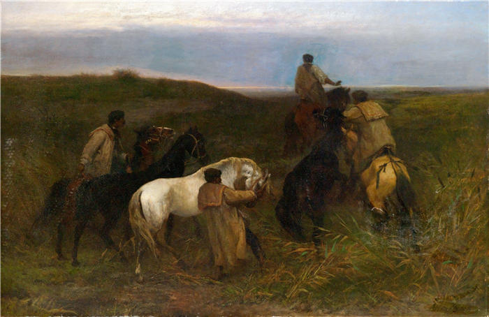 奥托·冯·索伦（Otto von Thoren，匈牙利画家）作品-《在广阔的普斯特兰牧羊人》