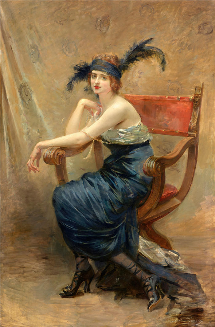 玛德琳-珍妮·勒梅尔（Madeleine-Jeanne Lemaire，法国画家）作品-坐在达戈伯特椅子上的女人（约1913年）